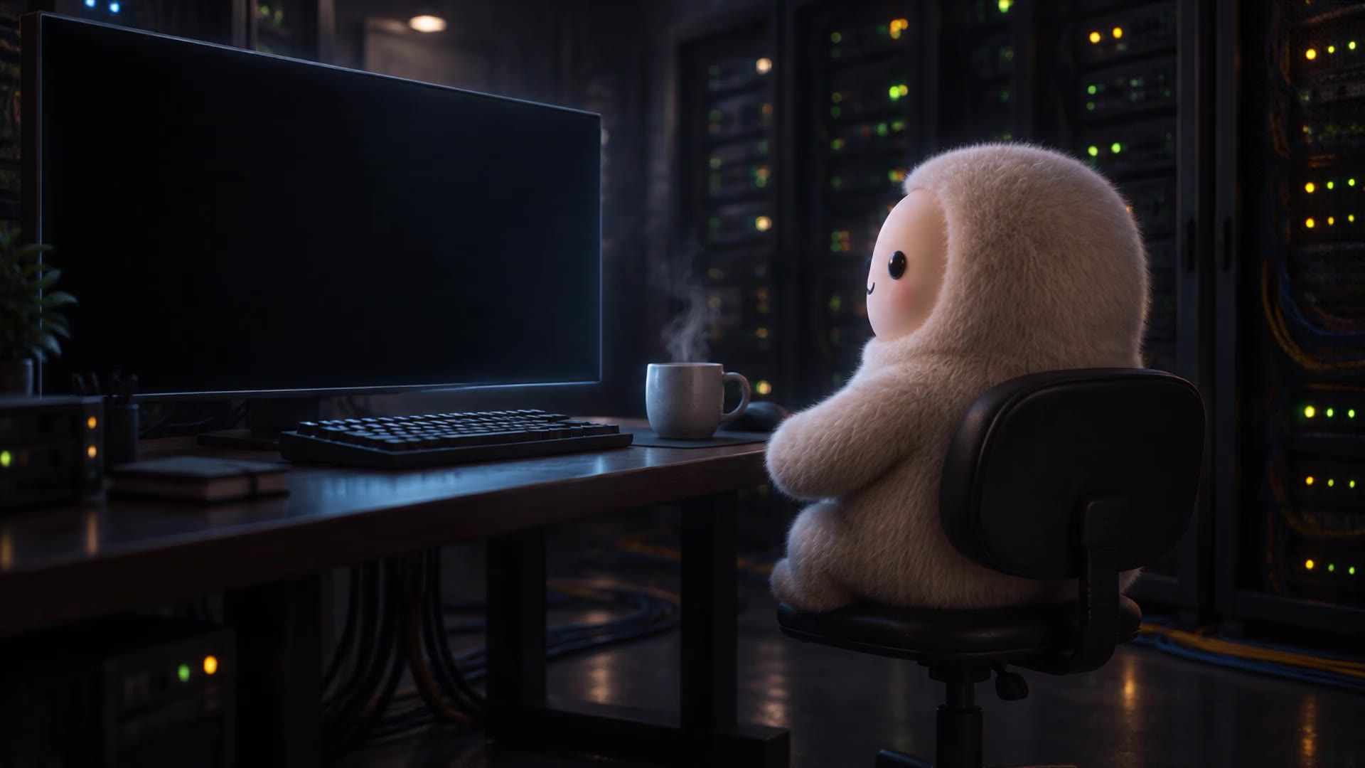 PRIVY, a small cream-furred creature, sits in an office chair in a dark server room, facing a large monitor. A mug steams on the desk.